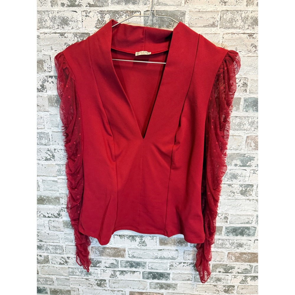 Free People Intimately Top Womens Medium Red Mesh Ruffle Polka Dot Sleeve V-Neck